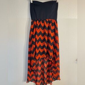 Black and Orange Chevron high low strapless Dress small